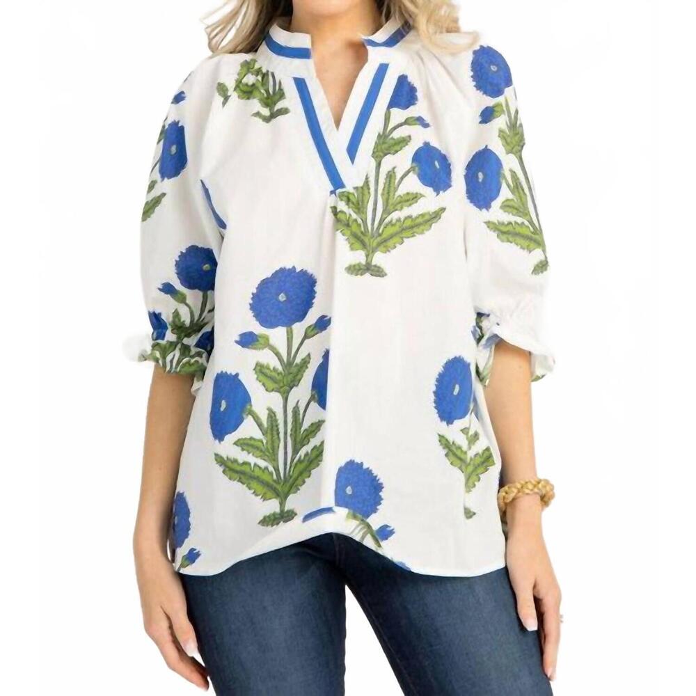NEW AAPPARELLA floral v neck 3/4 sleeve blouse in white/ blue